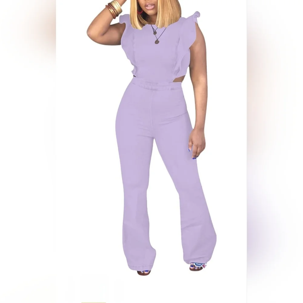 Women's Flutter Ruffle Trim Cutout Waist Jumpsuit Lavender